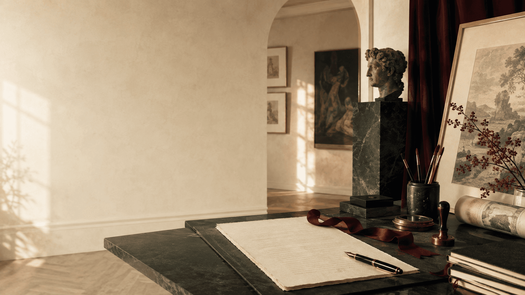 Sanat eserleri ve resmî belgelerin bulunduğu kurumsal çalışma alanı