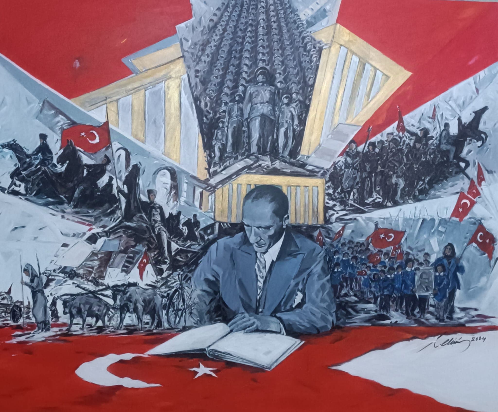 Mustafa Kemal Atatürk'ü ve Cumhuriyet dönemine ait tarihî sahneleri betimleyen bir tablo