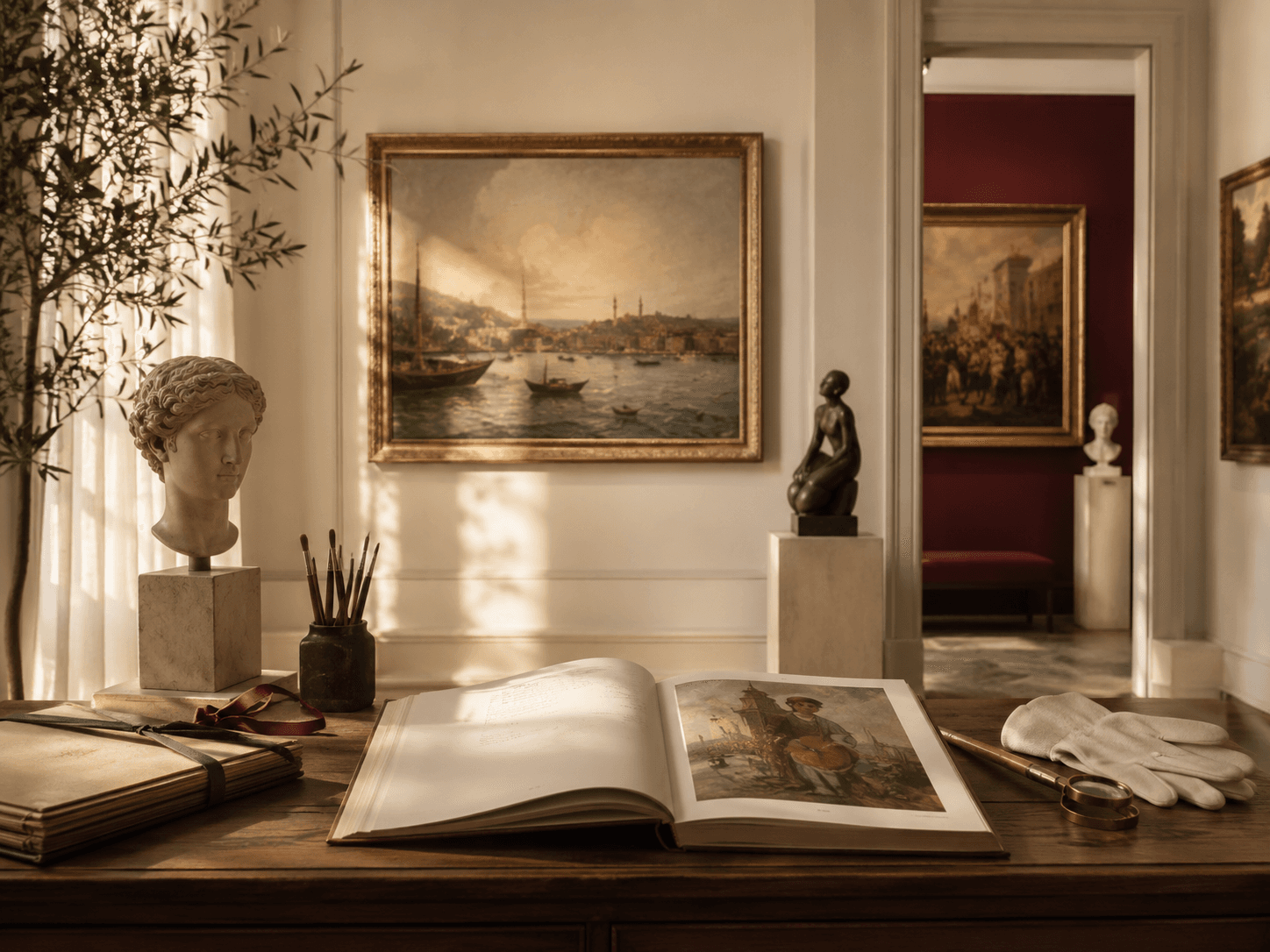 Sanat eserlerinin ve arşiv malzemelerinin bulunduğu kurumsal bir galeri iç mekânı